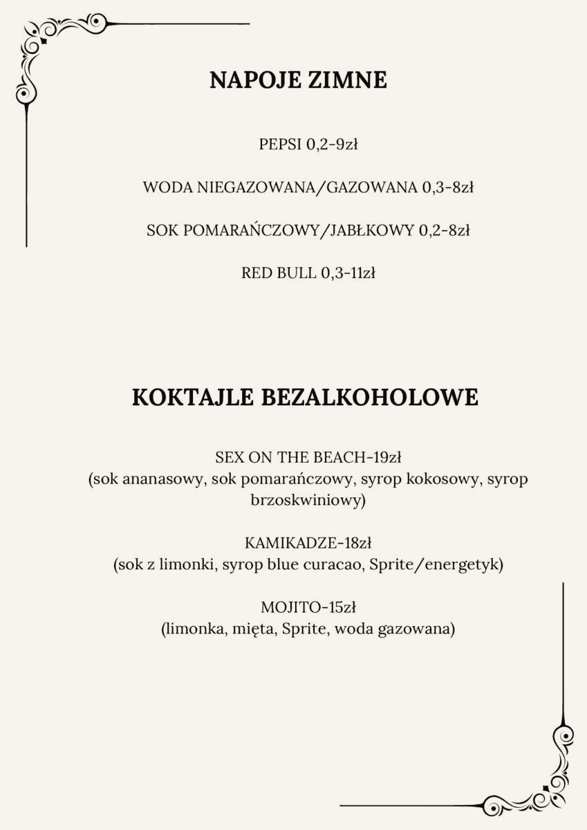 cafe przystań menu koktajle bezalkoholowe
