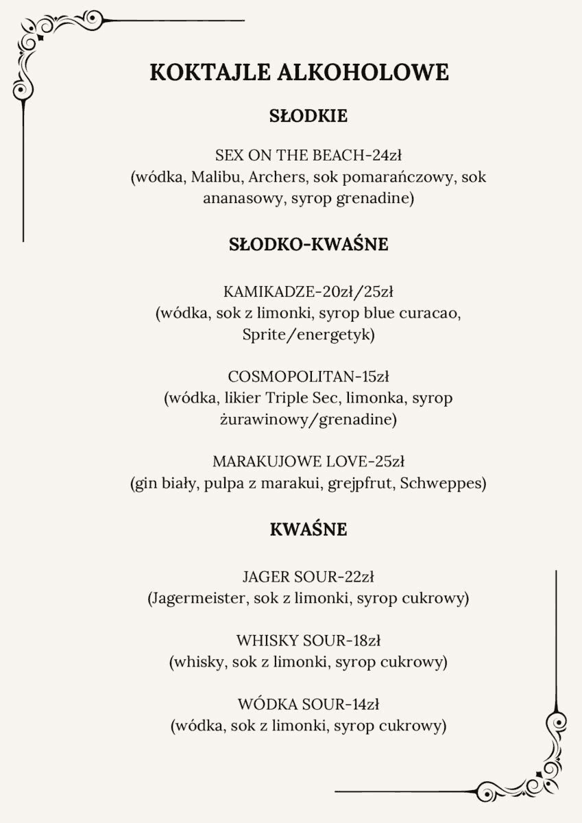 cafe przystań menu koktajle