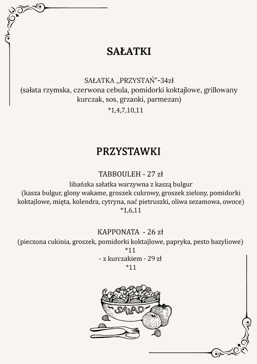 cafe przystań menu sałatki przystawki